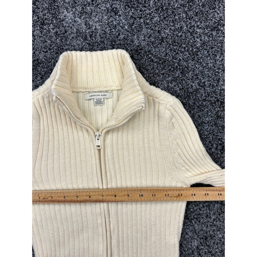 American Eagle Cream Ribbed Full Zip Mock Neck Sweater Small Two Way Zipper - Picture 3 of 5